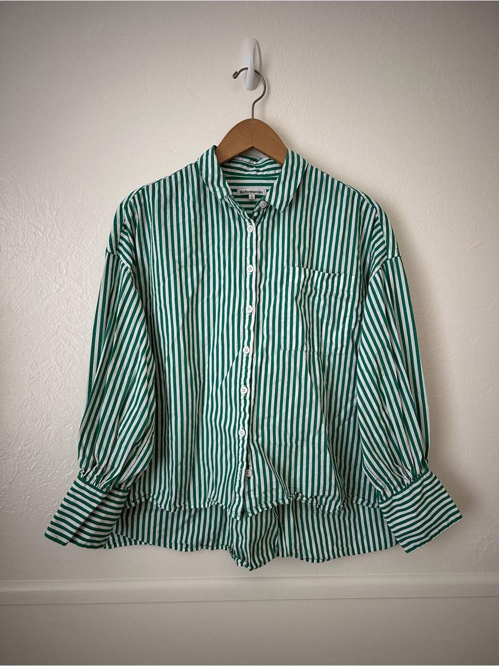 Reformation Stripe Button Down High Low Green White Top 2